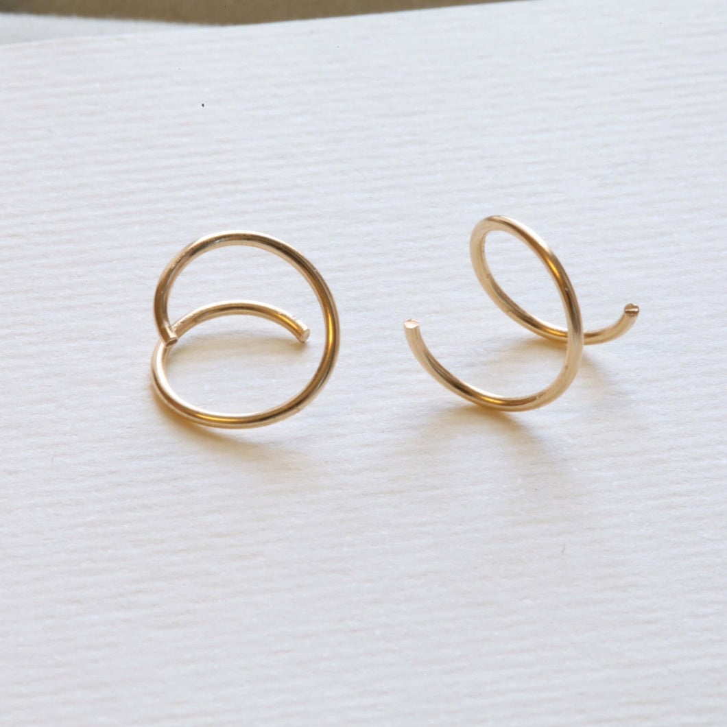 Gold Double Hoop Twist Earrings, 14k gold fill Spiral Wire Twirl hoops, swirl double loop helix piercing, one piercing small double huggie