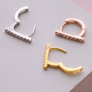 CZ Paved Line Hoop, Mini lobe hoop, gold bar earrings, paved hoop, Simple cartilage hoop, silver sparkly hoop, rose gold cartilage earring