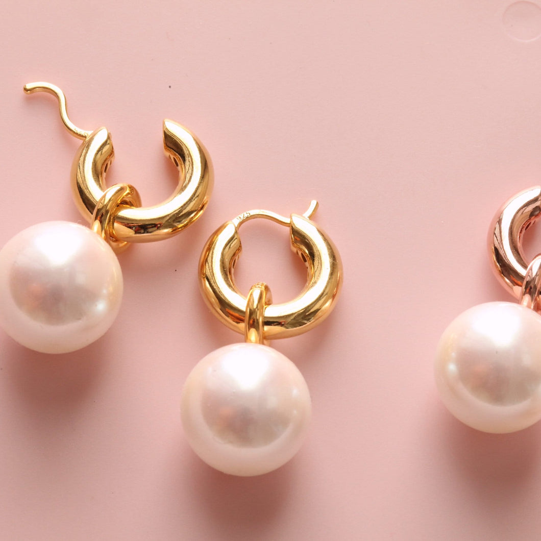 Bold Pearl Hoops | sterling silver drop earrings, simple wedding hoops, vermeil gold hoops, thick gold earrings, bridal shower gift ideas