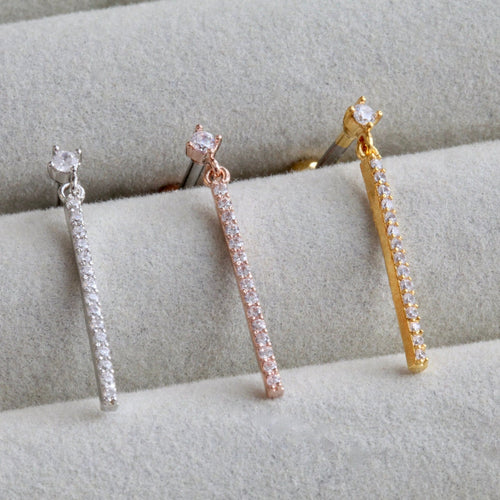 Pave Bar Dangle Earring, cartilage piercing, long silver bar earring, line cartilage gold bar threadless, wedding jewelry, bridesmaids gifts