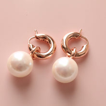 Load image into Gallery viewer, Bold Pearl Hoops | sterling silver drop earrings, simple wedding hoops, vermeil gold hoops, thick gold earrings, bridal shower gift ideas