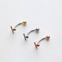 Load image into Gallery viewer, CZ Paved Bar Belly Button Ring, teardrop floating navel ring, dainty gold bar belly rings, blue small tiny line simple daily belly jewelry