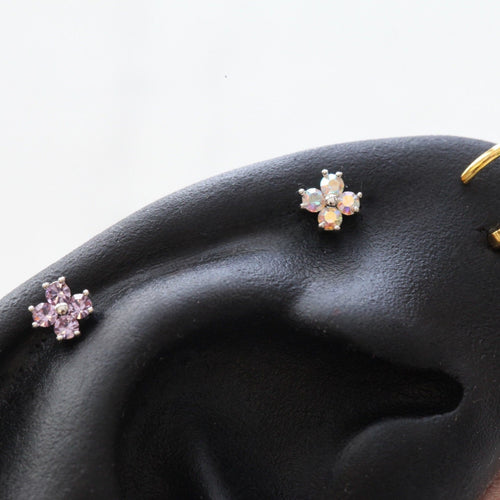 Mini Iridescent 4 Petal Flower Cartilage Earring • Threadless Pushin Conch Labret • Dainty Holographic Flower • Tiny Flower Tragus Stud