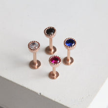 Load image into Gallery viewer, Tiny Rose gold Cartilage Earring • 4mm Flatback Stud • Medusa Jewelry • Small Tragus Helix Earring • Threadless Pushback Forward Helix Studs