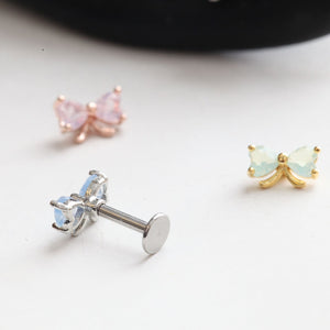 Mini Bow Cartilage Stud • Moonstone Conch Earring • Small Ribbon Threadless Pushback • 18g Flat Back Tragus Earring • Dainty Lobe Piercing