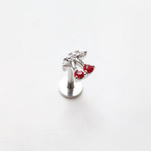 Load image into Gallery viewer, Red Cherry Threadless Pushpin • Fruit Cartilage Earring • Dainty Tragus Labret • Sparkly Conch Piercing • Silver Cherry Screwback Stud Gifts