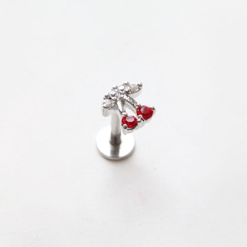 Red Cherry Threadless Pushpin • Fruit Cartilage Earring • Dainty Tragus Labret • Sparkly Conch Piercing • Silver Cherry Screwback Stud Gifts