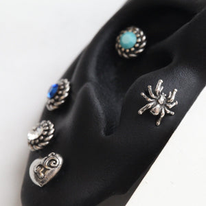 Medieval Silver Heart Studs • Spider Conch Earring • 18g Flat Back Tragus Earring • Blue Stone Twist Threadless Labret • Halloween Earrings