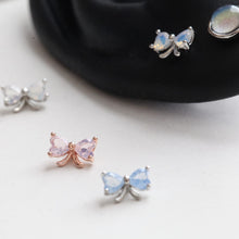 Load image into Gallery viewer, Mini Bow Cartilage Stud • Moonstone Conch Earring • Small Ribbon Threadless Pushback • 18g Flat Back Tragus Earring • Dainty Lobe Piercing