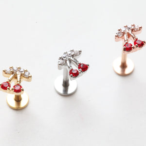 Red Cherry Threadless Pushpin • Fruit Cartilage Earring • Dainty Tragus Labret • Sparkly Conch Piercing • Silver Cherry Screwback Stud Gifts