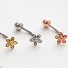 Load image into Gallery viewer, Small Flower Belly Button Ring • Floating Navel Ring • Tiny Mini Floral Belly Piercing • Dainty Silver Belly Jewelry • Great for Postpartum