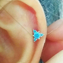 Load image into Gallery viewer, Triangle Cartilage Earring, mini blue piercing, aqua helix threadless labret, conch pushback piercing, tiny tragus piercing, medusa jewelry