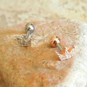 CZ Crown cartilage earring, tiara tragus earring, helix conch piercing, dainty cartilage piercing, silver cartilage rose gold stud earrings
