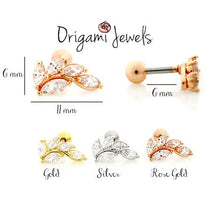 Load image into Gallery viewer, CZ Leaf cartilage earring, tragus earring helix earring cubic zirconia conch piercing, dainty ear sweep, elegant gold silver rose gold studs