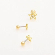 Load image into Gallery viewer, CZ 3d flower cartilage earring, dainty barbell, 4mm flower threadless labret, small tragus earring, conch stud, tiny flower pushback earring