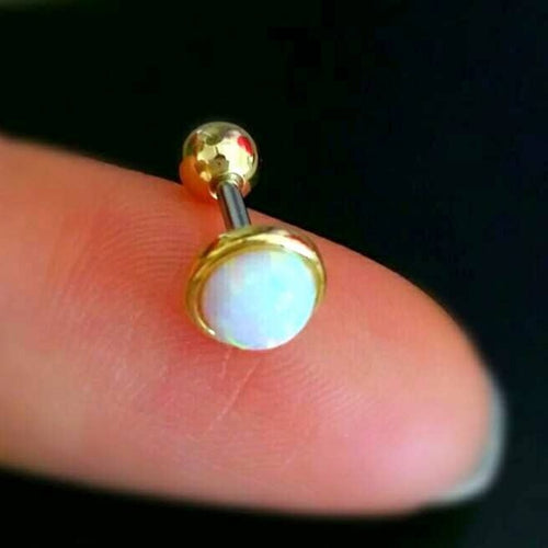 White Opal Cartilage Earring, opal barbell, medusa jewelry, minimalist conch earring, rainbow colors helix, tragus studs, opal stone jewelry