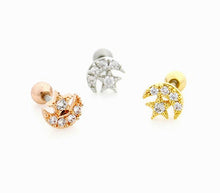 Load image into Gallery viewer, CZ Pave Moon Tragus Earrings,  star cartilage earring, tragus threadless labret, conch piercing, rose gold stud, dainty cartilage earring