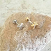 Load image into Gallery viewer, CZ Bar 18g threadless labret, 20g cartilage earring, simple silver bar, gold line earrings, gold bar, criss cross earrings, X conch earrings
