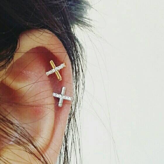 CZ Bar 18g threadless labret, 20g cartilage earring, simple silver bar, gold line earrings, gold bar, criss cross earrings, X conch earrings
